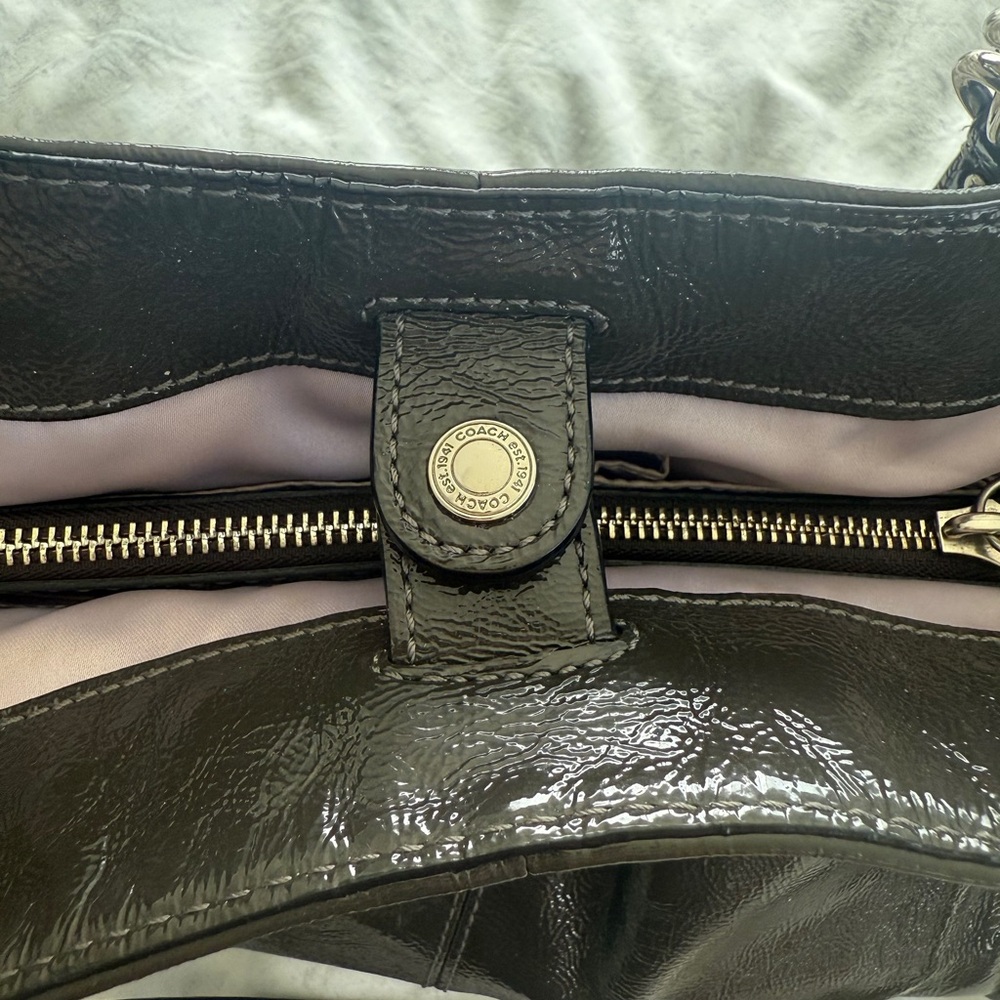 Coach Dark Brown Patent Leather Shoulder Bag with Silver-Tone Hardware - Picture 10 of 13